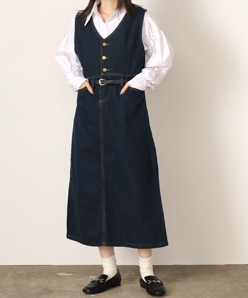 ROOP TOKYO ワンピース Vネックデニムジャンパースカート : ZOZOTOWN