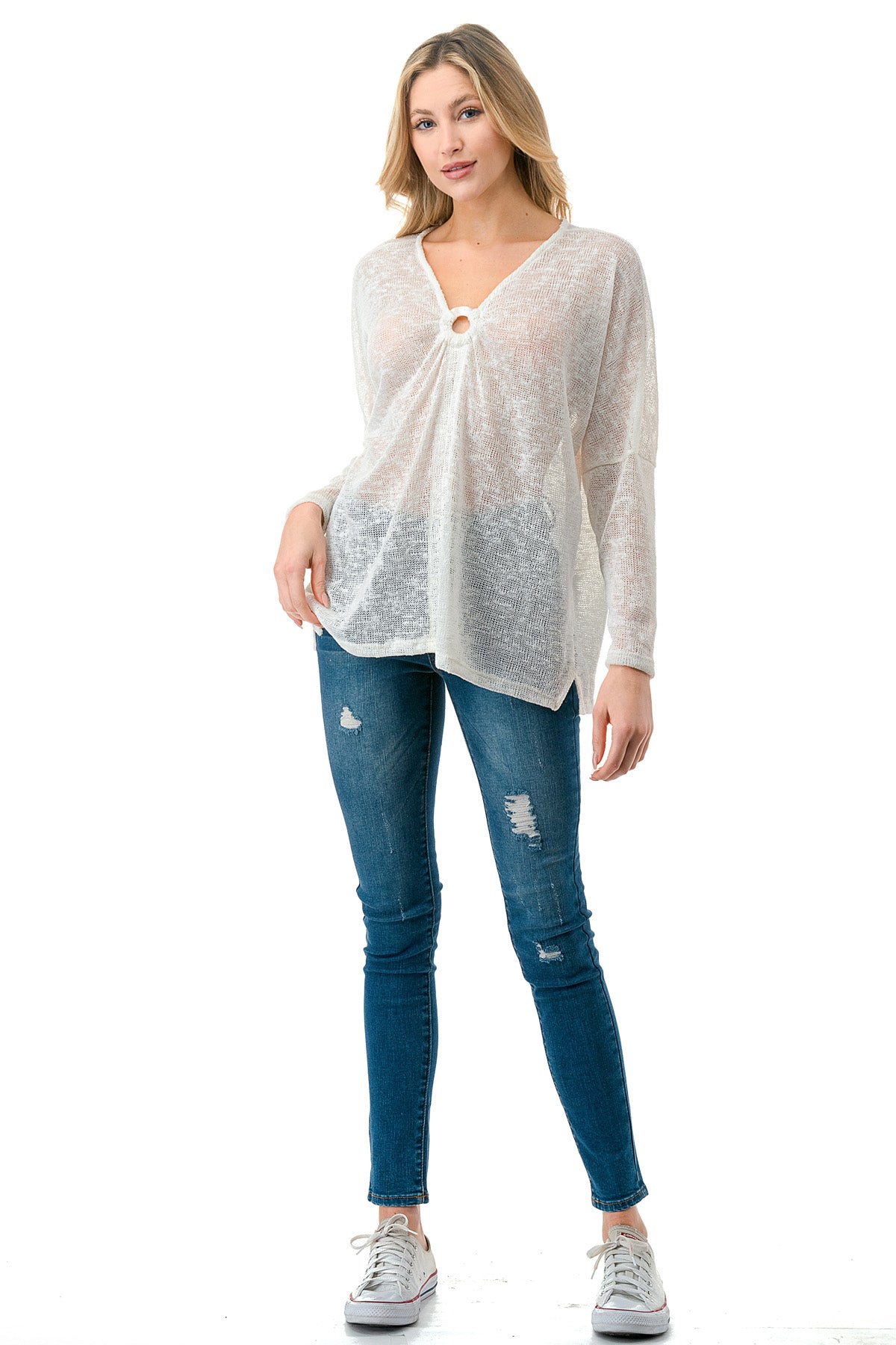 Ivory Sheer Knit Long Sleeve Top with Front Ring Detail – Amanda