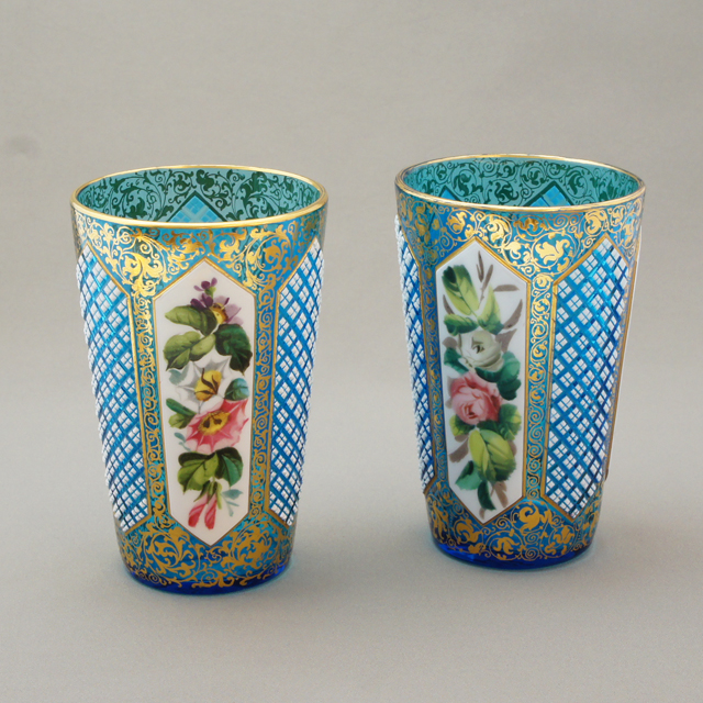 モーゼル「ブルーガラス エナメル金彩装飾 ゴブレット 高さ10cm（約