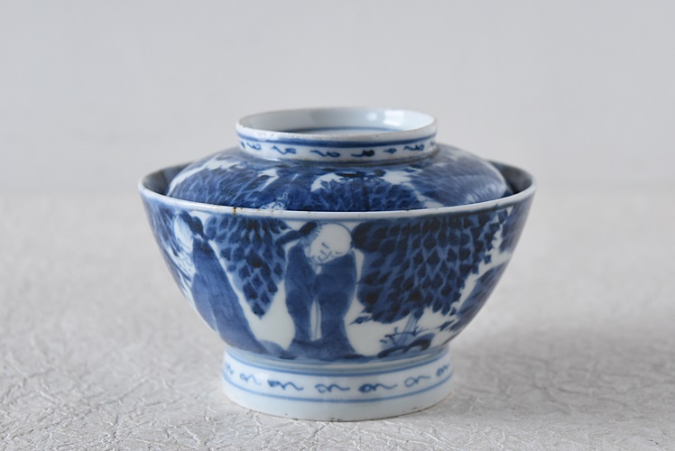 古伊万里 染付 竹林賢人図 大振り広東型蓋付茶碗 - 生活骨董と古布の