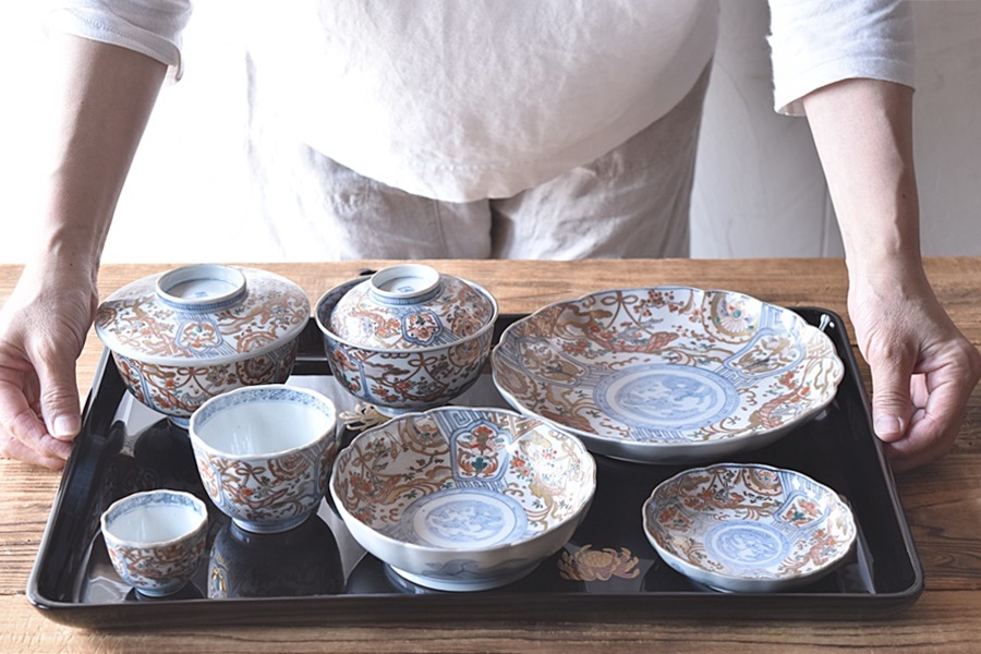 伊万里 通り物 金襴手 色絵 花籠福良雀鳳凰龍 輪花型蕎麦猪口 向付