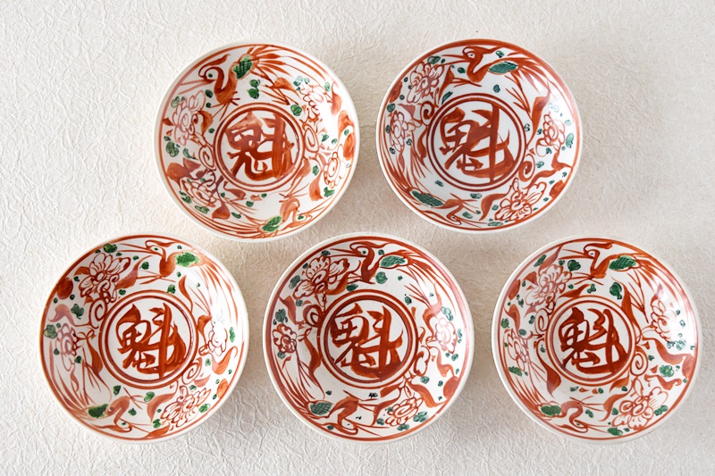 九谷 呉須赤絵花鳥魁字 角福文 5.5寸皿 5枚セット - 生活骨董と古布の