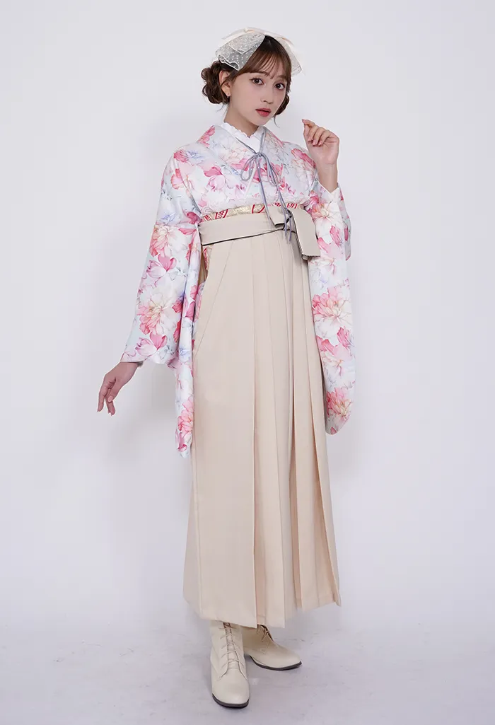 着物】パステル水彩フラワー+【袴】クリームひも縞｜卒業式袴宅配