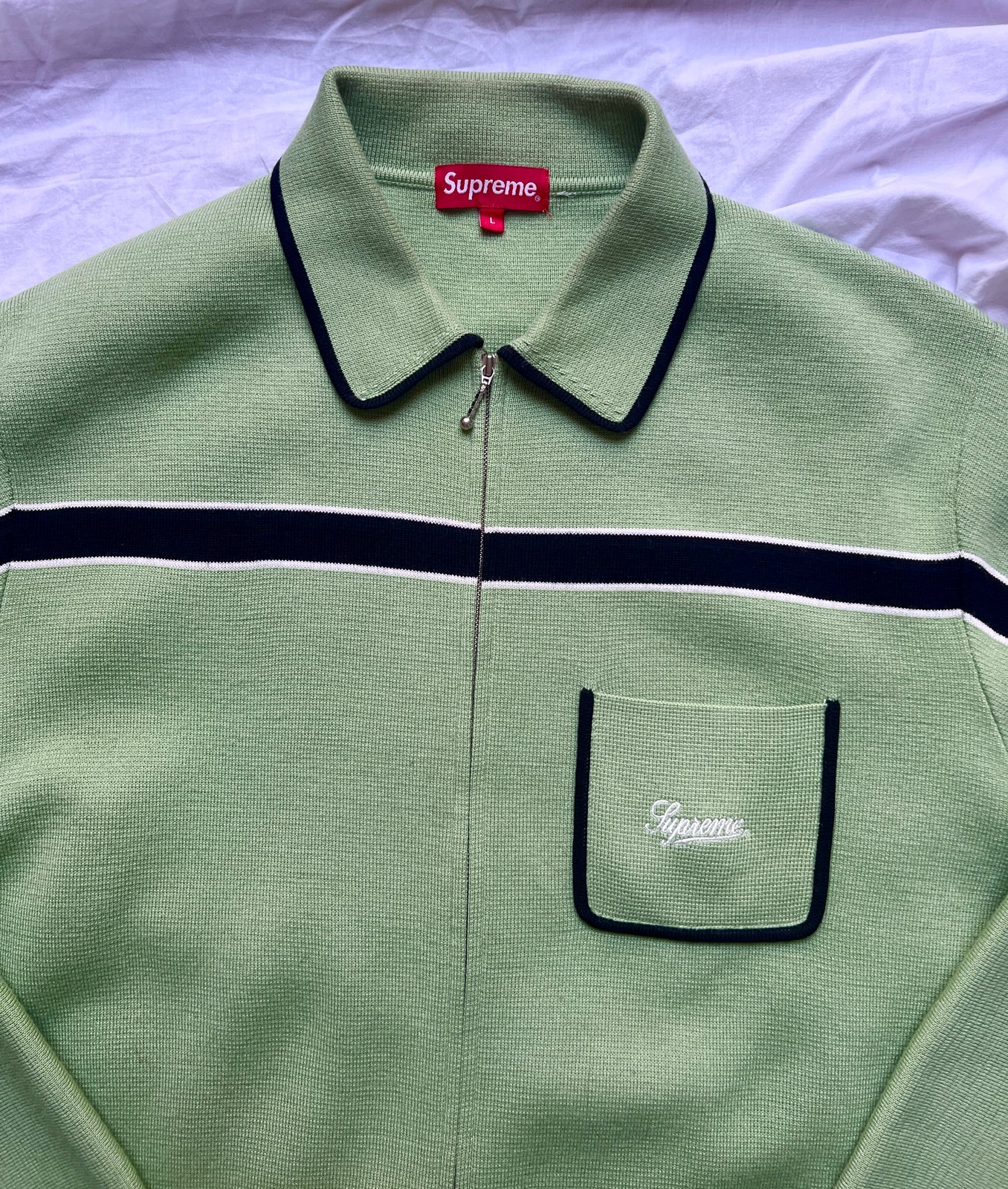 Supreme Chest Stripe Zip Up Cardigan Dusty Green FW21 - Size L