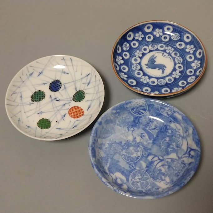 印判 手塩皿 小皿 菓子皿 細密 吉祥文様 丸紋 山水 牡丹 波 雲 雲鶴