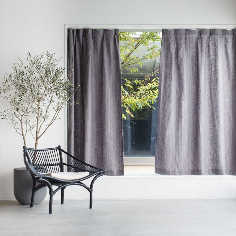 刺繍ストライプの厚手リネンカーテン [グレー 刺し子] リネン100