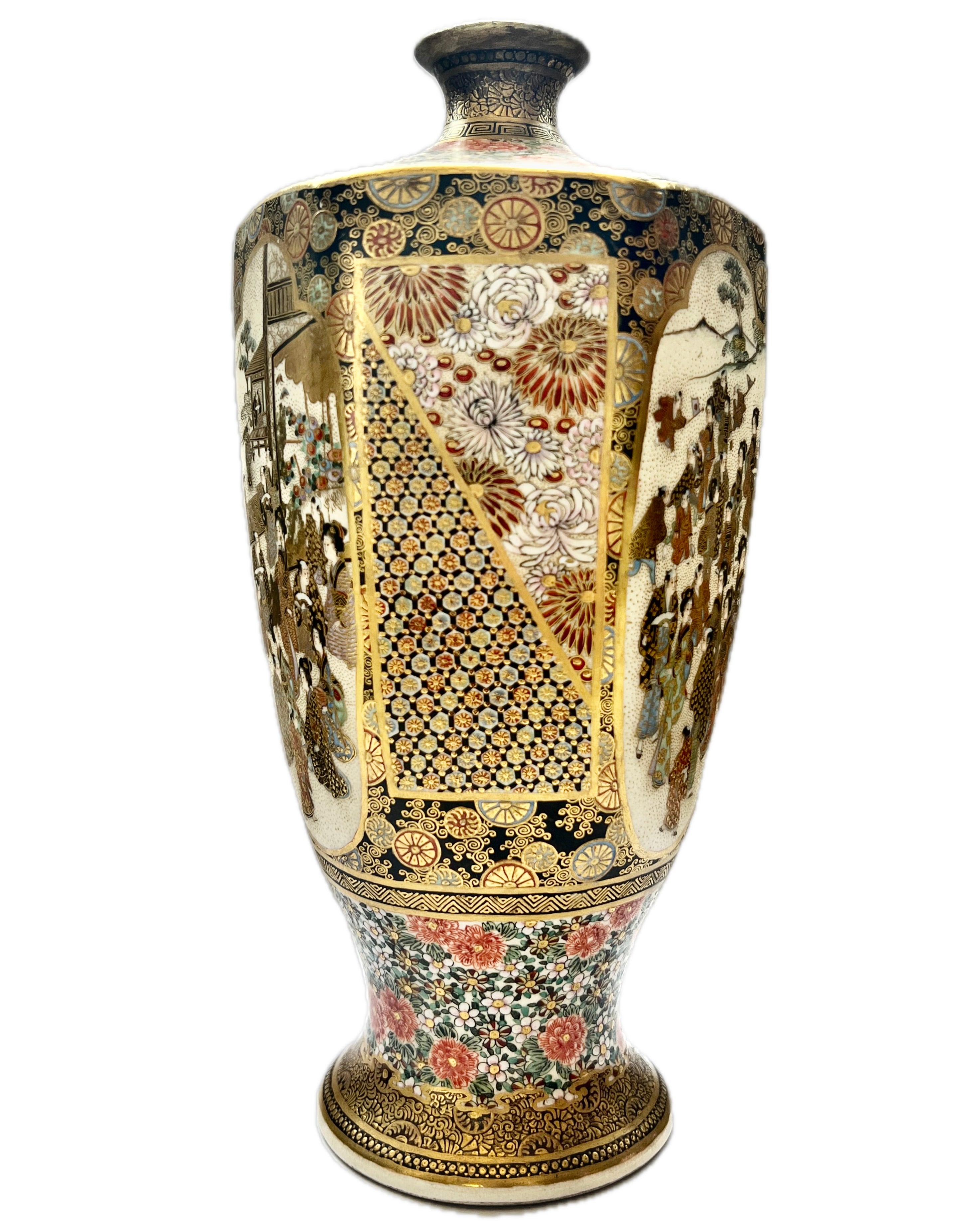 日本明治时期萨摩六角形古董花瓶，由Kozan 制作，约19 世纪中后期