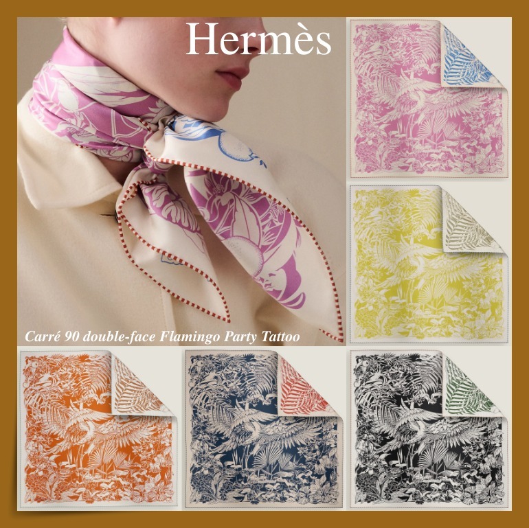 HERMES】カレ90☆両面が素敵 Flamingo Party Tattoo スカーフ (HERMES