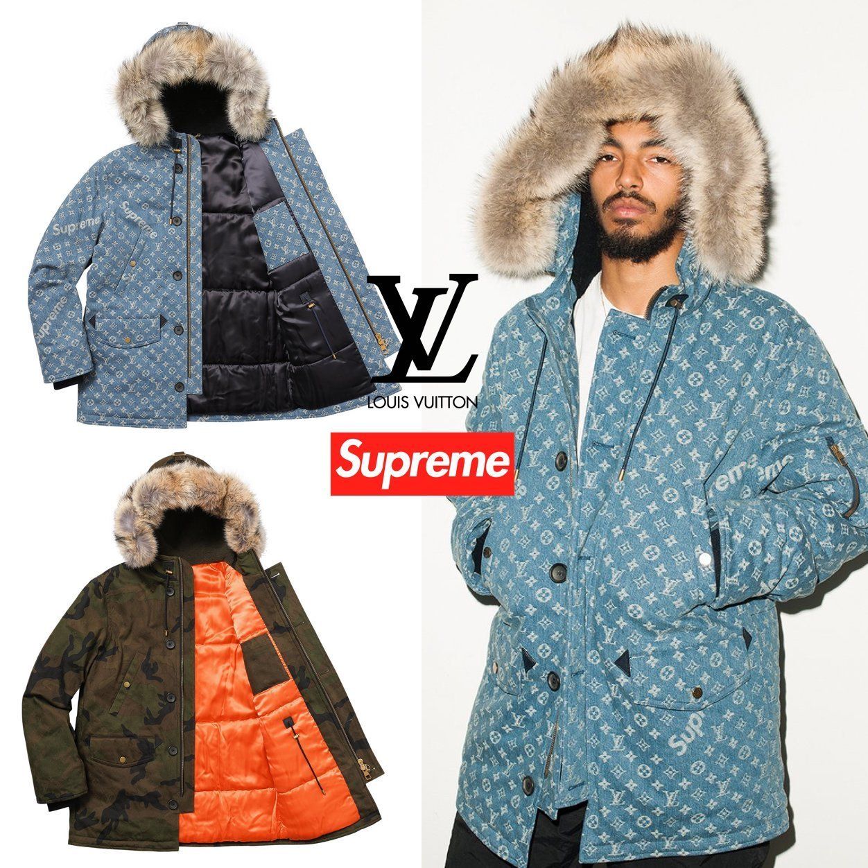 FW17 Supreme × Louis Vuitton Jacquard Denim N-3B Parka (Supreme