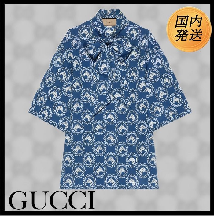 国内発送☆GUCCI】コットンモスリン ホース プリント シャツ (GUCCI