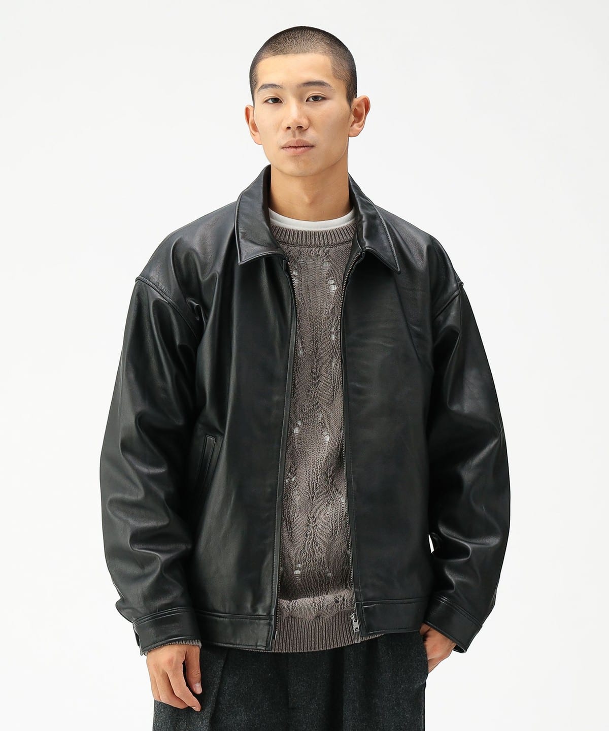 BEAMS Leather Zip Blouson [Wide Fit BEAMS (Blouson Leather Blouson