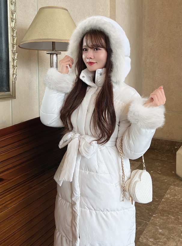リボンベルト付きファーフードロングダウンコート[kd56] | レディース