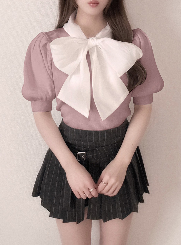 オーガンジーボウタイニットトップス[kz522] | レディースファッション