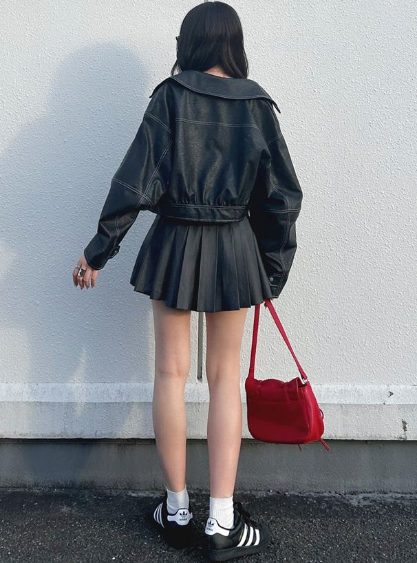 襟2Way配色ステッチダブルジップレザーブルゾン[on258] | レディース