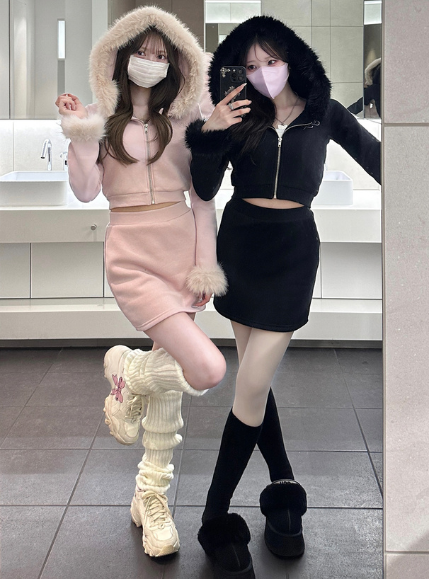 ファー付きパーカー×ミニスカートスウェットセットアップ[pm413