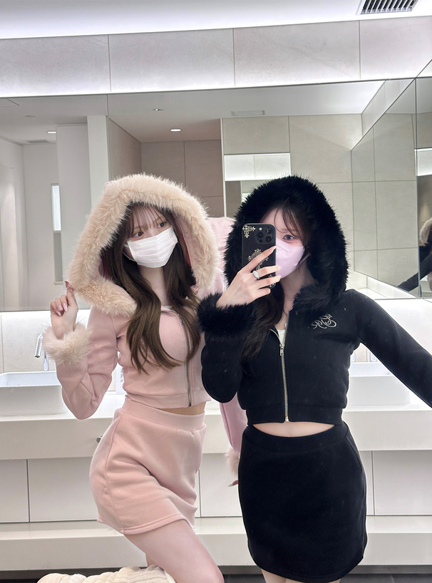 ファー付きパーカー×ミニスカートスウェットセットアップ[pm413