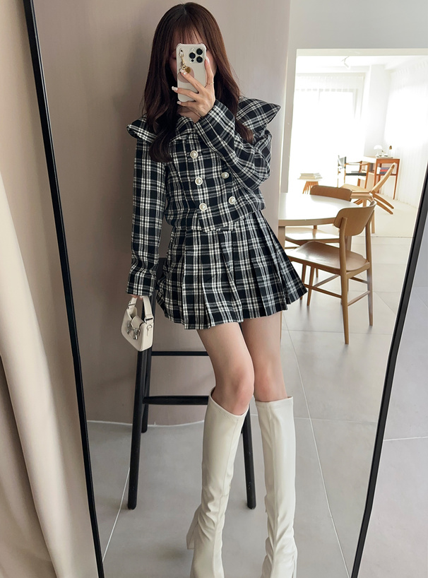 チェック柄ビッグカラージャケット×ミニスカートセットアップ[ta175
