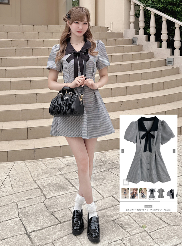 配色リボン千鳥柄パフスリーブミニワンピース[tg851] | レディース