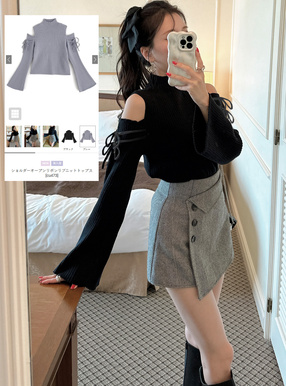 ショルダーオープンリボンリブニットトップス[cu473] | レディース