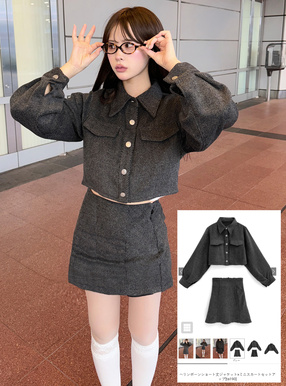 ヘリンボーンショート丈ジャケット×ミニスカートセットアップ[ta190
