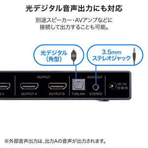 4台のHDMI機器を切り替えて2画面に映像を出力できる。4K/HDR対応のHDMI