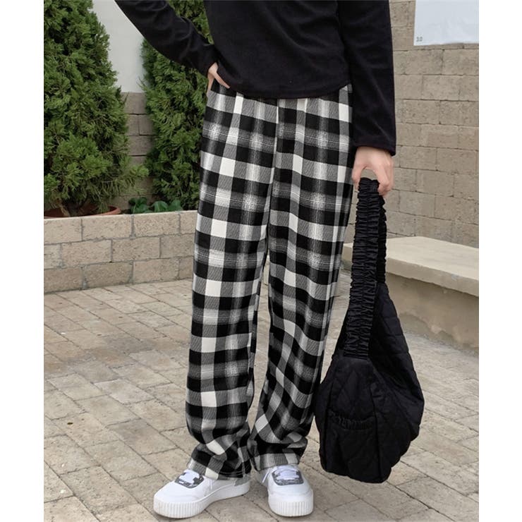 裏起毛チェック柄パンツ 裏ボアパンツ防寒[品番：AGCW0005967