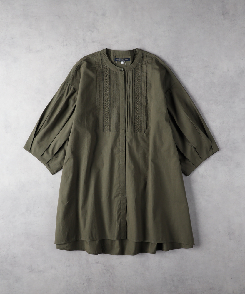 インド刺繍」ノーカラーチュニック(M オリーブ): ワンピース