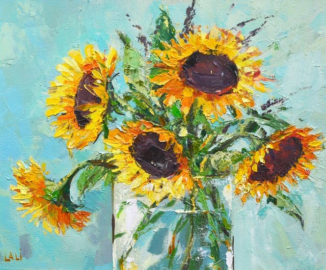 ベラルーシ オリジナル油絵キャンバス厚塗り 30x24 黄色の花ひまわり