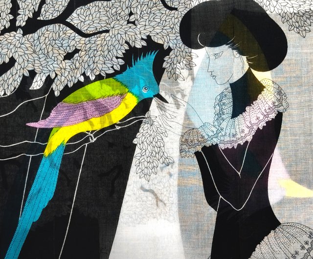 タイ 小島喜美子 ヴィンテージハンカチ 美女と鳥 18.5 x 18.5インチ