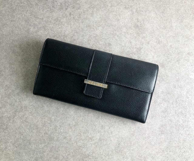 日本直送 名牌中古包 】CELINE セリーヌ 財布 ブラック ロゴ レザー 長