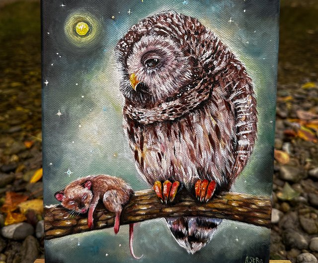 スロバキア フクロウのオリジナル絵画キャンバス フクロウとネズミ