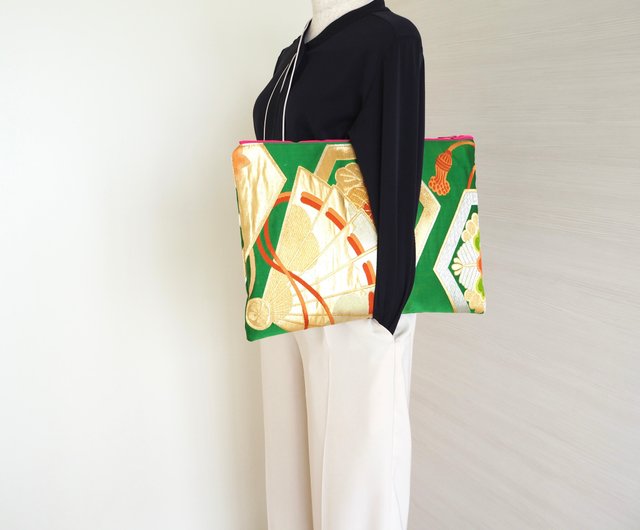 送料無料】【一点物】着物帯×帆布のパソコンケース クラッチバッグ 和