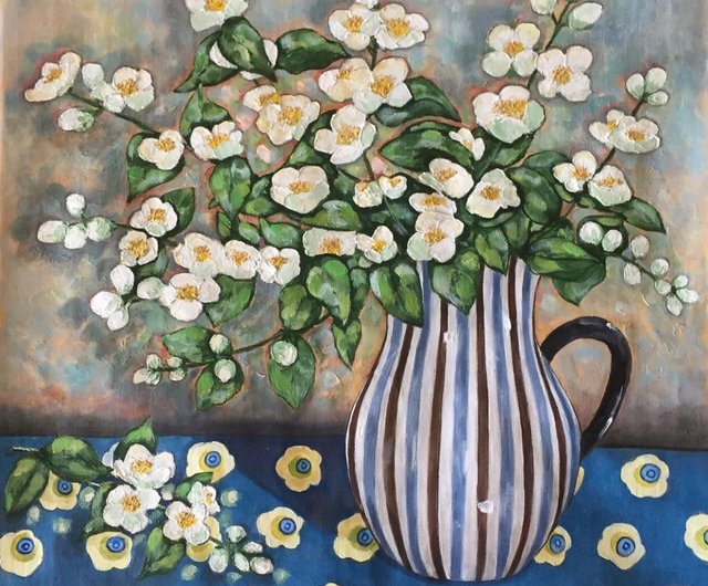 ロシア ジャスミンの絵 油絵 ジャスミンの花の花束の絵 ゴッホに