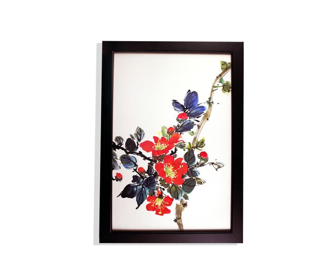 台湾 ファイヤーレッド-手描きの壁画椿中国絵画l家の装飾（額縁付き