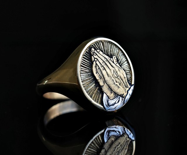 送料無料】台湾 祈りの手 シグネットリング 925シルバー ゴールド