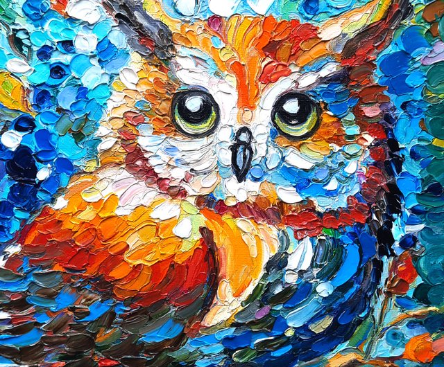 送料無料】ロシア フクロウアート鳥カラフル オリジナルアート 油絵
