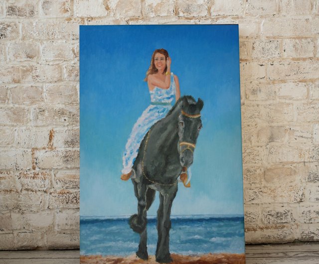 エストニア 少女と馬のオリジナル アート油絵壁の装飾少女馬海景