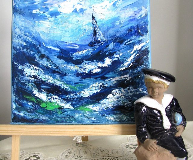ラトビア 油絵厚塗り S サイズ 嵐の海と帆船の家の装飾 DCS-Art - Pinkoi