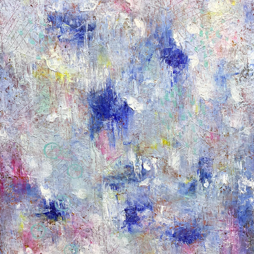 原画 油絵 霧の中の希望 霧とりんごのアート 抽象画 F6号 ブルー×水色