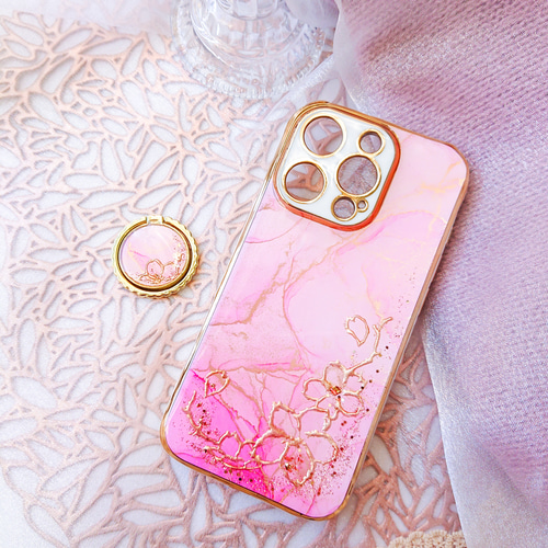 さくらピンク 大理石風iPhoneケース アルコールインクアート 春色 桜