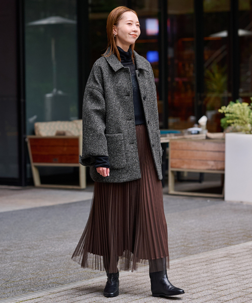 セール】ツイードボンディングステンカラーショートコート（ステン