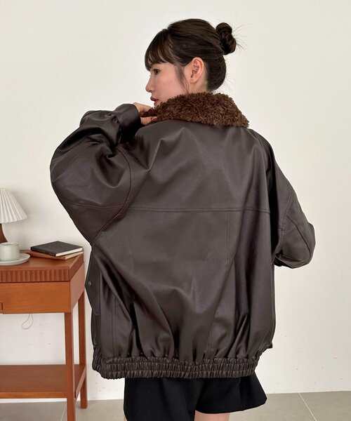 衿取り外し可能/ユニセックス】ボア衿付きフェイクレザーブルゾン
