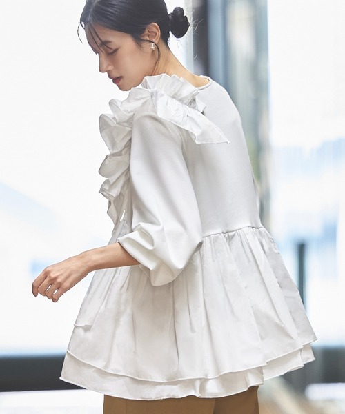 洗える ｜ ショルダー フリル ペプラム TOPS ｜ 長袖 トップス 二の腕