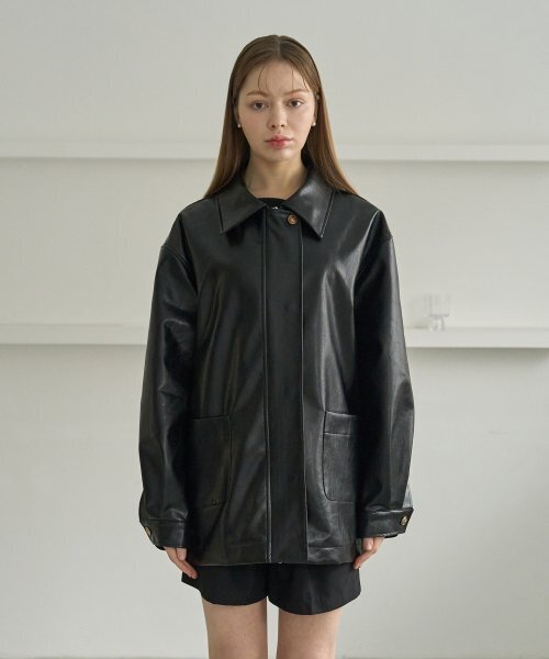 セール】オーバーサイズレザージャケット（ブラック）（ライダース