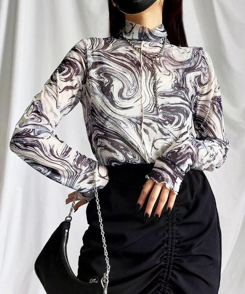 セール】※※【選べる3サイズ／8色展開】総柄マーブルシアーハイネック