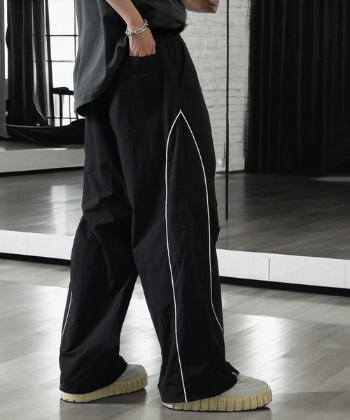 Alfred Alex】切替パイピング ハイウエスト ワイドナイロンパンツ