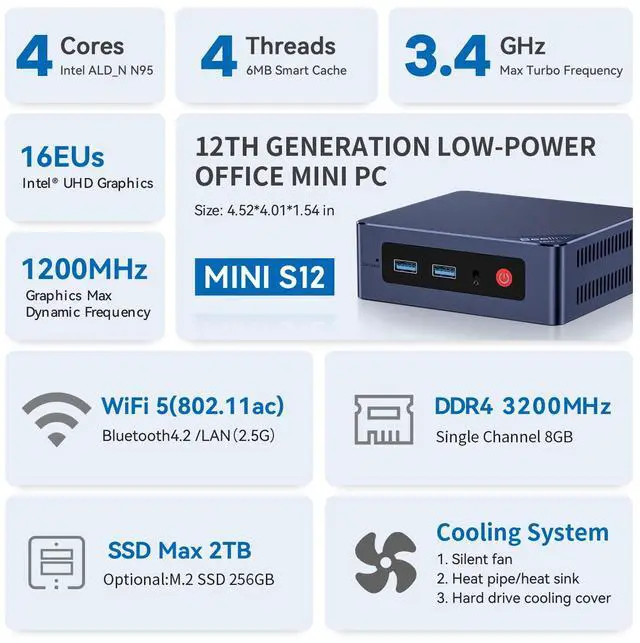 Beelink MINI PC N95 MINI S 12 (up to 3.4GHz),8GB DDR4 RAM, 256GB