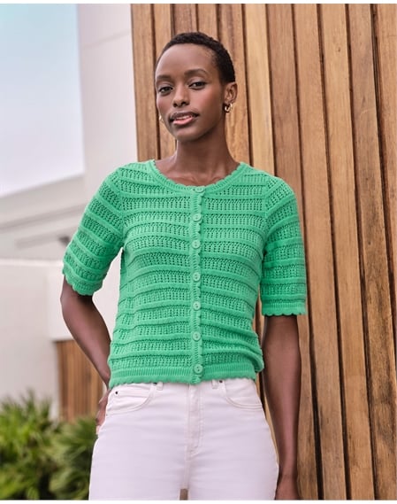 Green | Cotton Short Sleeve Crochet Trim Cardigan | Pure Collection