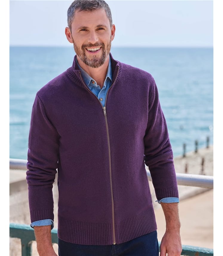 Aubergine | Mens Lambswool Lincoln Zipper Cardigan | WoolOvers US