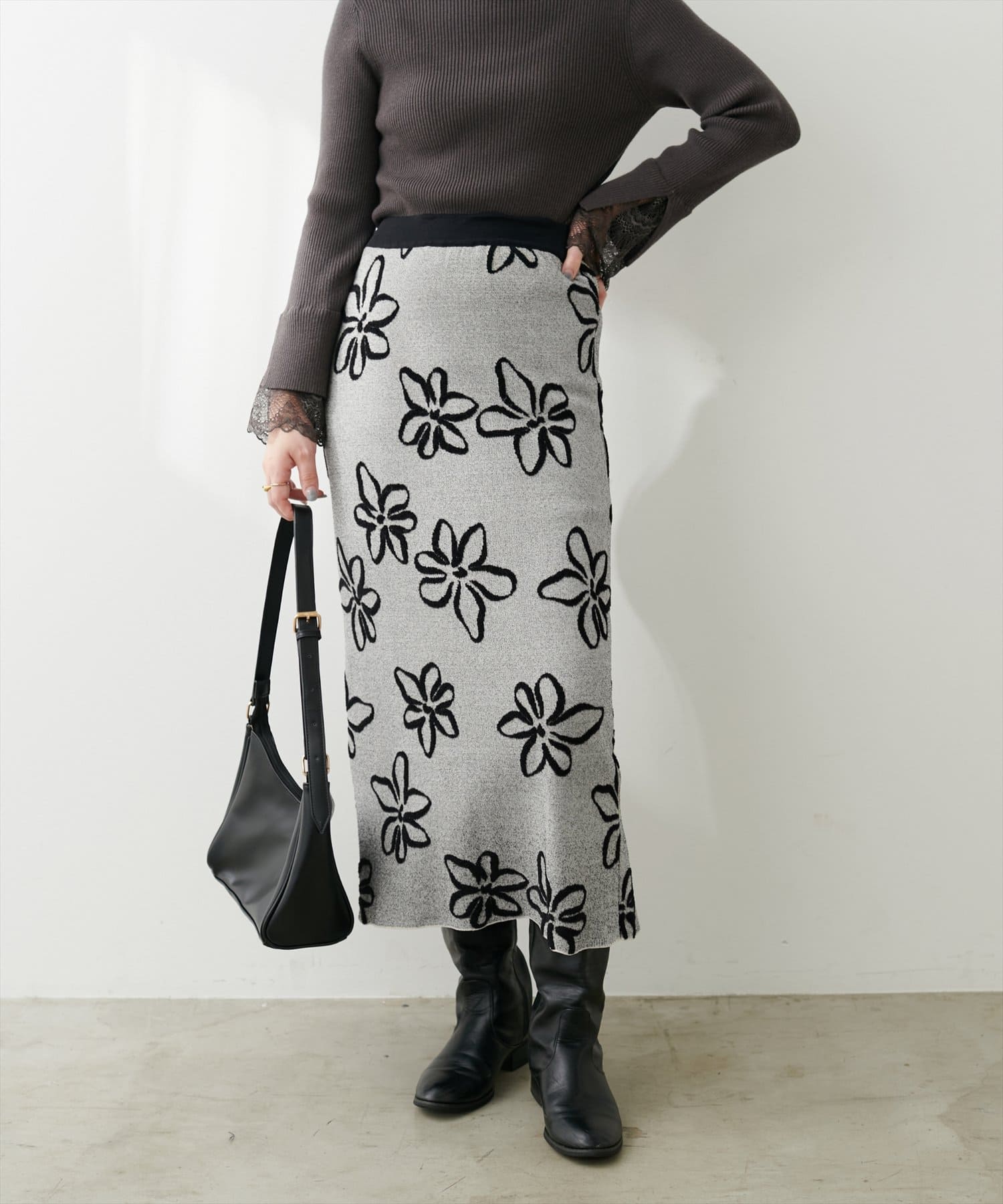アート花柄ジャガードニットタイトスカート | natural couture